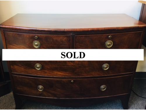 ENGLISH ANTIQUE SERPENTINE MAHOGANY CHEST OF DRAWERS 42.5"W X 20"D X 32"H $495