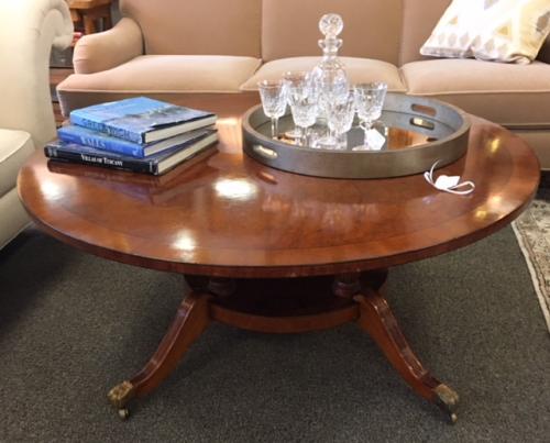 ENGLISH WALNUT SHERATON STYLE COFFEE TABLE 48" ROUND/20.5"H $1495
