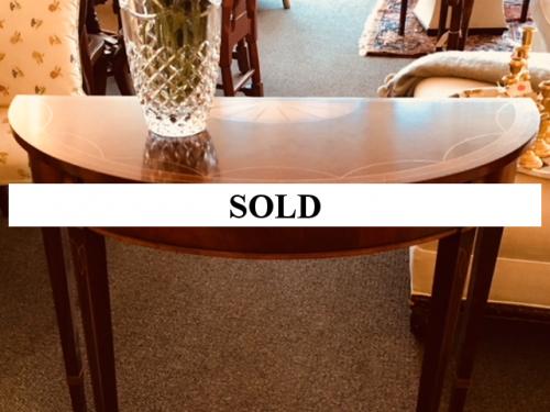 ENGLISH MAHOGANY DEMI LUNE W/ INLAY 35"W X 14"D X 31"H $395