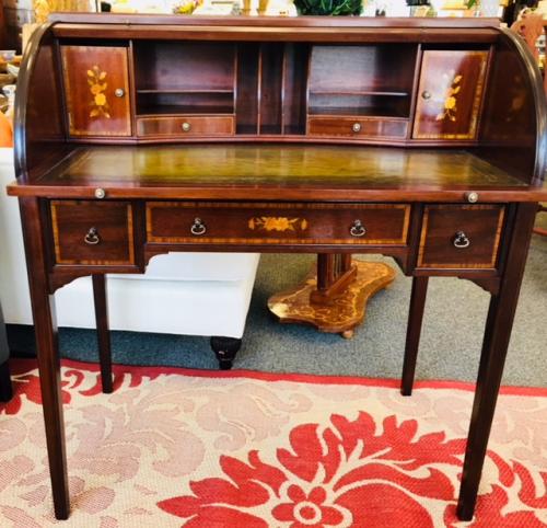 ANTIQUE ENGLISH MAHOGANY CYLINDER DESK WITH INLAY 35"W X 20"D X 40"H $1895