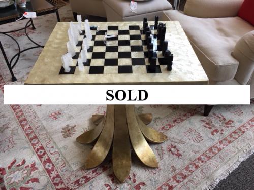 MOTHER OF PEARL CHESS TABLE W/ TULIP GILT BASE INCLUDING CHESS PIECES 20"L X 24"W X 25"H $350