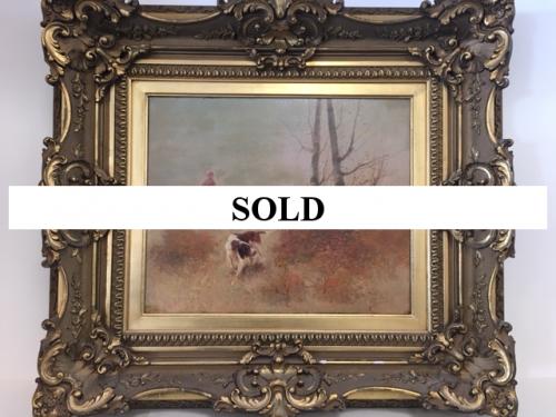 OIL PAINTING BY FRENCH ARTIST EUGENE PETIT HUNT SCENE $995