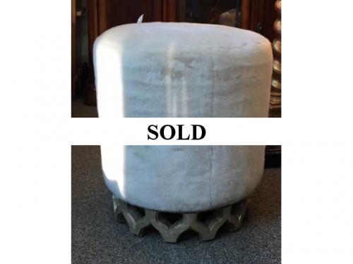 FAUX FUR OTTOMAN W/ LATTICE WOOD BASE 19"DIAMETER X 21"H $250