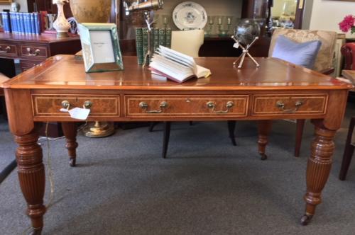 ENGLISH BURL WALNUT WRITING TABLE W/ TAN LEATHER TOP  5'W X 3'D  $4195