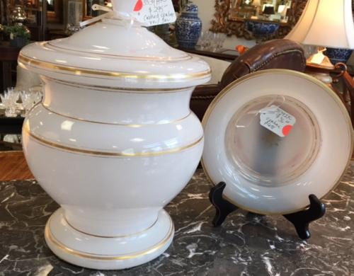 OPALINE GLASS  COVERED URN 9"W X 14"H $295 PLATE $36