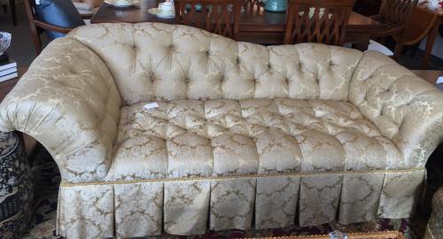 GOLD DAMASK TUFTED SOFA 86"W X 36"D X 31"H CONSIGNED AT $995 REDUCED TO SELL $495