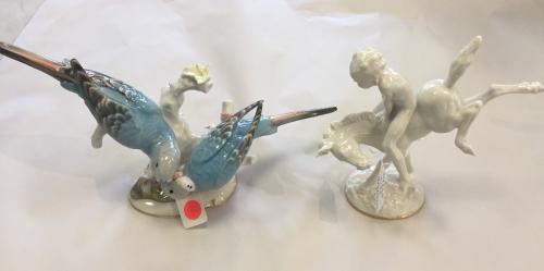 TWO HUTSCHENREUTHER FIGURINES PAIR BLUE BIRDS $250 YOUNG BOY ON HORSE $195