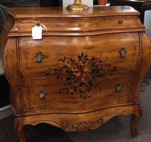 HAND PAINTED BOMBE’ STYLE CHEST 34"W X 16"D X 33"H $550