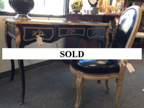 FRENCH STYLE BLACK LACQUER ORMOLU DESK 42"W X 24"D X 30"H $795 BLACK LEATHER FRENCH CHAIR 18"W X 16"D X 36"H $250