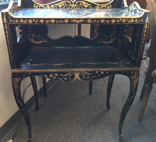 BLACK/GOLD E'GLOMISE' TABLE W/ MIRRORED TOP (SLIGHT "AS IS" ON TOP)  25.5"W X 15.5"D X 33"H $395