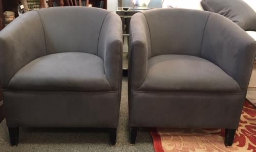 PAIR ENGLISH TUB CHAIRS WITH GRAY UPHOLSTERY c1940 24"W X 25"D X 28"H $2995