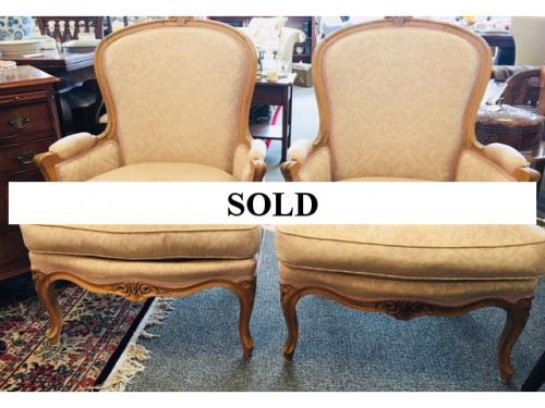 PAIR OF FRENCH STYLE BERGERE CHAIRS 27.5"W X 21"D X 38"H $550