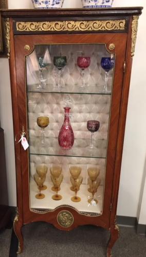 FRENCH STYLE CURIO CABINET W/ ORMOLU MOUNTS 27"W X 15"D X 64"H $450