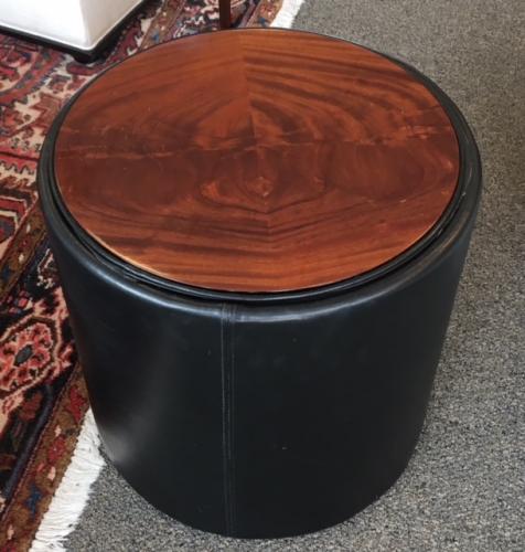 RD WOOD TABLE W/ LEATHER TRIM 19" DIAMETER X 19"H $150
