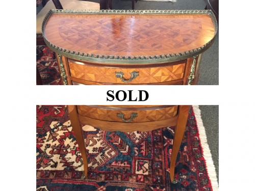 DEMI CHEST W/ INLAY & BRASS GALLERY 24"W X 14"D X 28.5"H $295