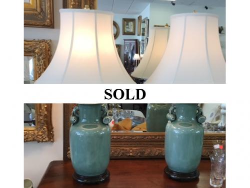 PR GREEN CRACKLE LAMPS 18"D X 30.5"H $180 PAIR