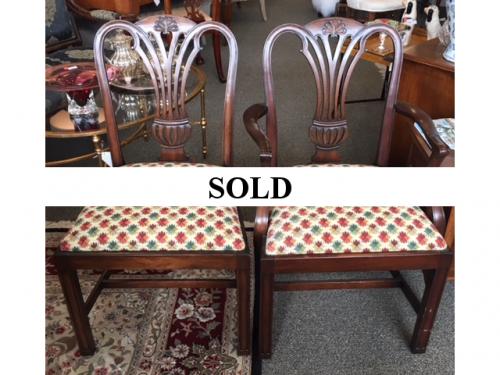 SET OF 6 MAHOGANY DINING CHAIRS - 4+2 SIDE 21.5"W X 19.5"D X 37"H ARM 24"W X 19.5"D X 38"H $995 SET