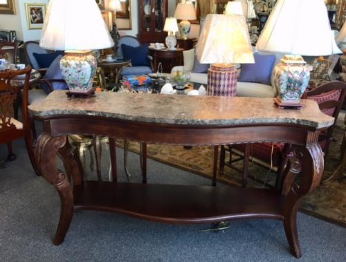 MARBLE TOP MAHOGANY 2-TIER SERPENTINE CONSOLE TABLE 67"W X 20"D X 36"H $995