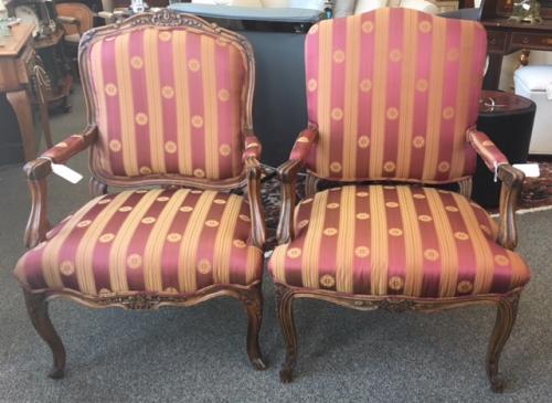 FRENCH STYLE CHAIRS APPROX 26"W X 21"D X 38"H $295 EACH (NOT A MATCH PAIR)
