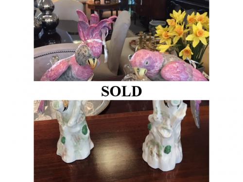 PR FRENCH PORCELAIN PARROTS 8"DIAMETER X 14"H $90 PAIR