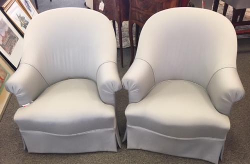 PR UPHOLSTERED GRAY SLIPPER CHAIRS 24"W X 19"D X 29.5"H $795 PAIR