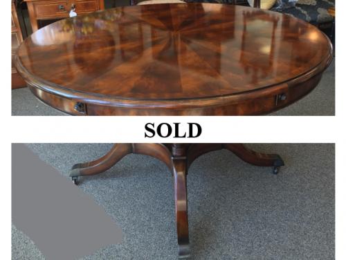 MAHOGANY DINING TABLE W/ BIRDCAGE BASE 48"ROUND X 30"H ADD-ON EXTERIOR LEAVES 12"W $995