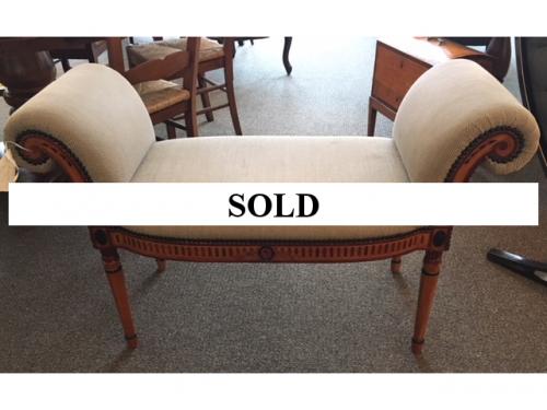 UPHOLSTERED BEIGE BENCH W/ ROLLED ARMS 44"W X 18"D X 27.5"H $350