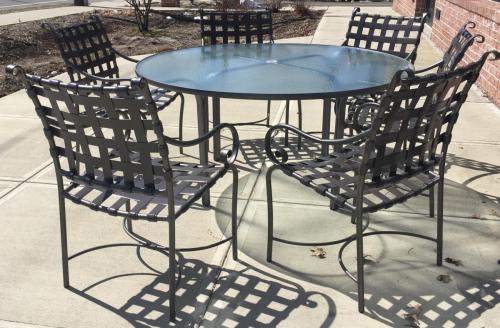 BROWN JORDAN ROMA STRAP RESTORED BRONZE 60" ROUND TABLE W/ 6 CHAIRS $1295 