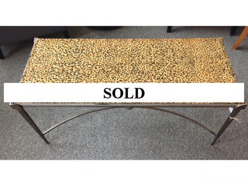 THEODORE ALEXANDER BRONZE COFFEE TABLE W/ LEOPARD PATTERN UNDER GLASS 42"W X 18"D X 19"H $795