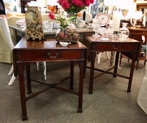 PR MAHOGANY JOHN STUART CHIPPENDALE SIDE TABLES W/ DROP LEAVES 10" EACH 24"W X 22"D X 28"H $1395