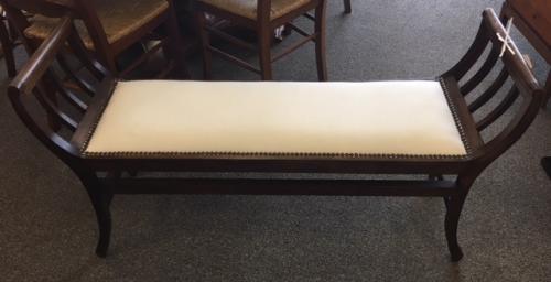 BENCH W/ CURVED ARMS BEIGE UPHOLSTERED SEAT 48"W X 14"D X 26"H $150