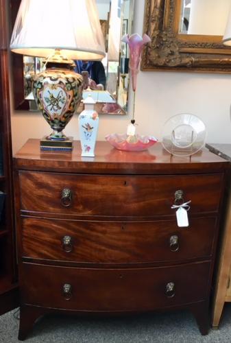 ENGLISH ANTIQUE MAHOGANY 3-DRAWER SERPENTINE CHEST 35.5"W X 20"D X 35.5"H $1895