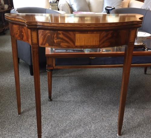 ENGLISH MAHOGANY GAME TABLE W/ INLAY 36"W X 18"D X 31"H $450