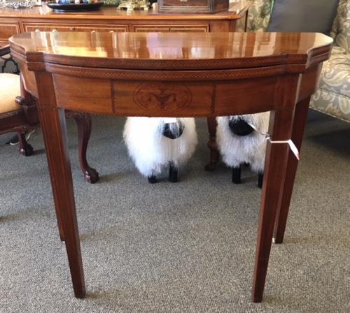 ENGLISH MAHOGANY GAME TABLE W/ URN INLAY 36"W X 18"D X 31"H $450