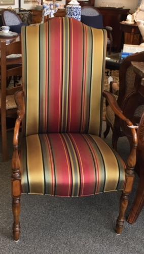 SILK STRIPED UPHOLSTERED ARM CHAIR BY SOUTHWOOD 24"W X 22"D X 45"H $250