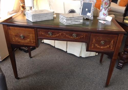 ENGLISH ANTIQUE WRITING TABLE W/ INLAY GREEN LEATHER TOP 48"W X 24"D X 30"H $1495