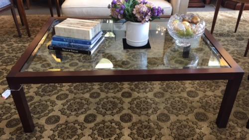 MAHOGANY GLASS TOP COFFEE TABLE 54"W X 40"D X 18"H $495
