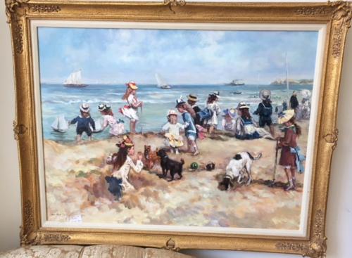 ORIGINAL OIL PAINTING CHILDREN PLAYING AT THE BEACH 47"W X 38"H $395