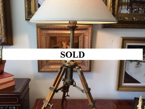 WOOD/BRASS TRIPOD TABLE LAMP 21"DIAMETER X 36"H $150