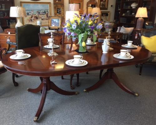 ENGLISH CUSTOM SIZE MAHOGANY DOUBLE PEDESTAL DINING TABLE 52"W X 6'L X 30"H - 2 LEAVES-17.5"W EACH $1995