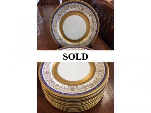 SET OF 12 COBALT BLUE & GOLD DINNER PLATES