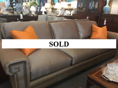 CONTEMPORARY TAUPE SOFA WITH NAILHEADS 8-1/2' W/30" H/40"D - $995