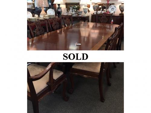 MAHOGANY DOUBLE PEDESTAL ROSEWOOD BANDED DINING TABLE WITH 2 LEAVES 46"W X 116"L $1495