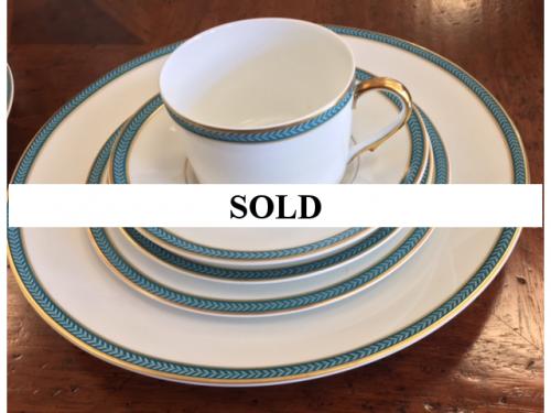 CERALENE LIMOGE BLUE LAURIER SERVICE FOR 12 – 5 PIECE PLACE SETTING PLUS OVAL VEGETABLE DISH AND GRAVY BOAT– RETAIL $2639 ESTATE TREASURES $595