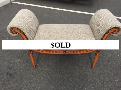 FRENCH BEIGE UPHOLSTERED BENCH WITH ROLLED ARMS $350