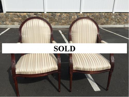 PAIR OF WALNUT ARM CHAIRS WITH BEIGE FABRIC $495