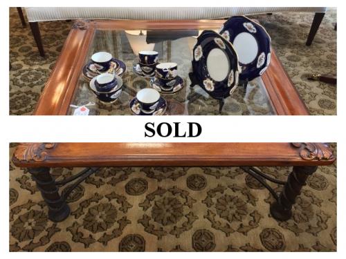 WALNUT 40" SQUARE COFFEE TABLE WITH GLASS TOP $450