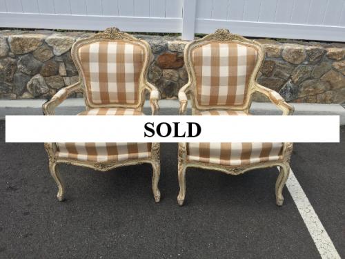PAIR OF BEIGE CHECK FRENCH ARM CHAIRS $550