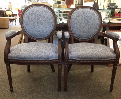 PAIR WALNUT - FRENCH STYLE ARM CHAIRS - BLUE FABRIC $495