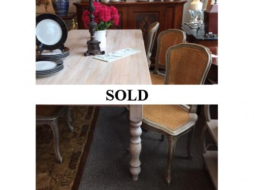 SET OF 6 FRENCH STYLE HAND PAINTED CANE CHAIRS $1295  WHITE WASHED 7' FARM TABLE ON SALE: $976